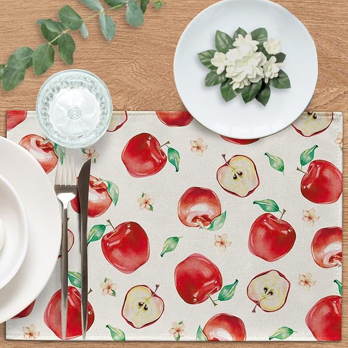 Watercolor Apple Placemats Set of 4, Spring Summer Sweet Fruit Dining Table Place Mats, Farmhouse Kitchen Decor Home Decoration 12 x 18 Inches