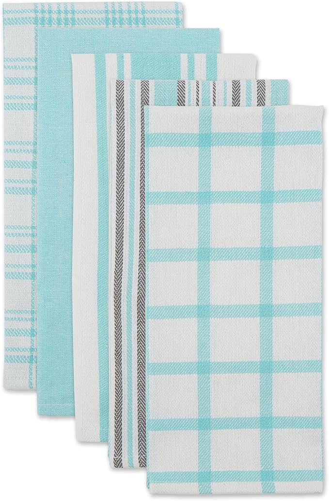 DII Assorted Woven, Kitchen Dishtowel Set, 18x28, Aqua, 5 Piece