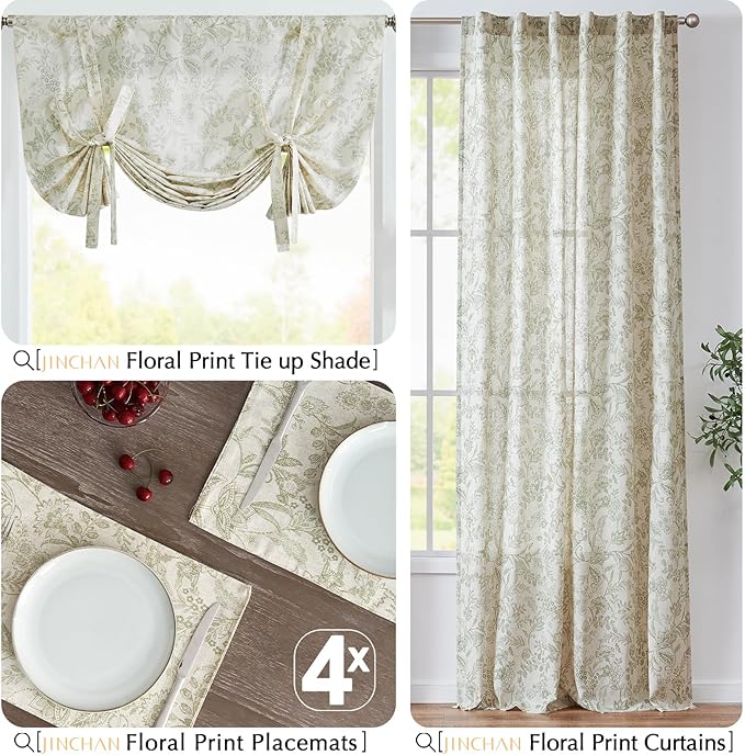 JINCHAN Linen Floral Placemats Set of 4 Cloth Table Mats Rustic Cottagecore Botanical Outdoor Seasonal for Kitchen Dining Table Decor Non-Slip Washable Tablemats 13x19 Inch Green