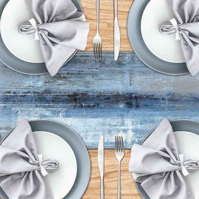 Blue Grey Long Table Runners Modern Art Farmhouse Linen Table Runners Dresser Scarves Retro Rustic Style for Party Kitchen Dining Table Coffee Holiday Party Decor (13"x108")