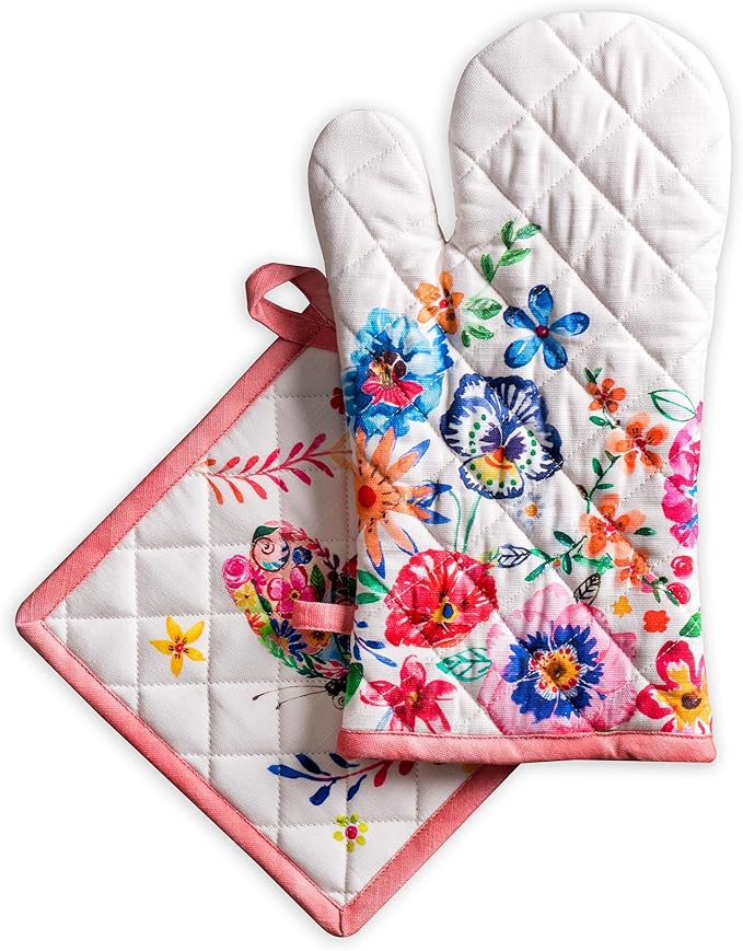 Maison d' Hermine 100% Cotton Oven Mitt & Pot Holder Set (7.5"x13" & 8"x8") Heat Resistant BBQ Cooking Gloves with Loop Baking Gifts for Mothers Day Spring/Summer (Happy Florals - High Summer)