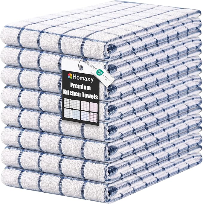 Homaxy Premium Kitchen Towels(16”x 28”, 8 Pack), Large Ring Spun Cotton Dish Towels, Super Absorbent Soft Terry Kitchen Hand Towels, Check Design Tea Towel Set with Hanging Loop, Navy Blue