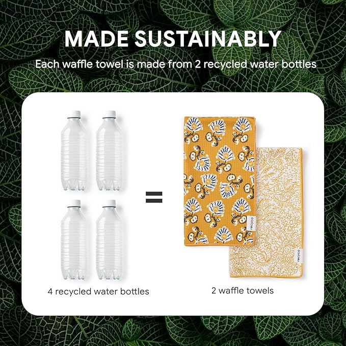 RECYCO Waffle Kitchen Towel Set of 2 - Quick Dry Microfiber Sustainable Dish Towels - Ultra Absorbent Reusable Cleaning Tea Towels - Lightweight Hand Towels,16”x 28”, Marigold Mosaic