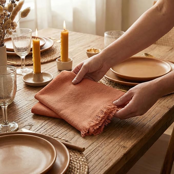 ACCENTHOME Rust Cotton Linen Napkin Set of 12 18x18 inch Dinner Napkins - Washable Soft Premium Hotel Quality Reusable Hemmed Edges Napkins Perfect Table Linens for Family Dinners, Weddings