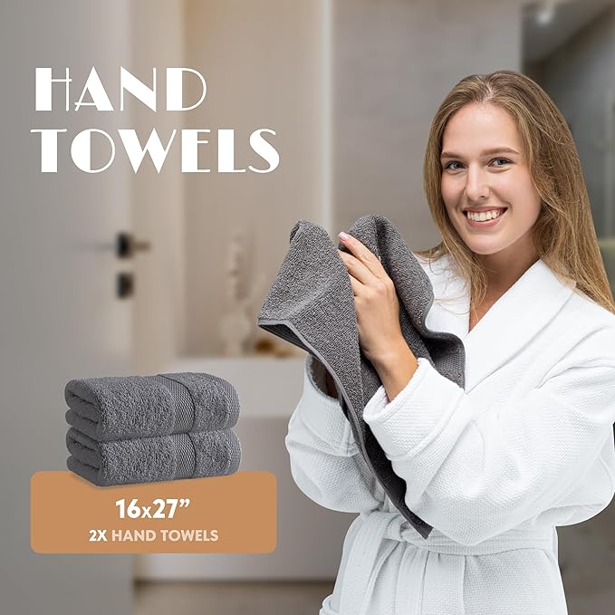 Gray Bath Towel Set of 6 - 100% Cotton Highly Absorbent Towels for Bathroom, 2 Luxury Bath Towels 650GSM, 2 Hand Towels, 2 Washcloths