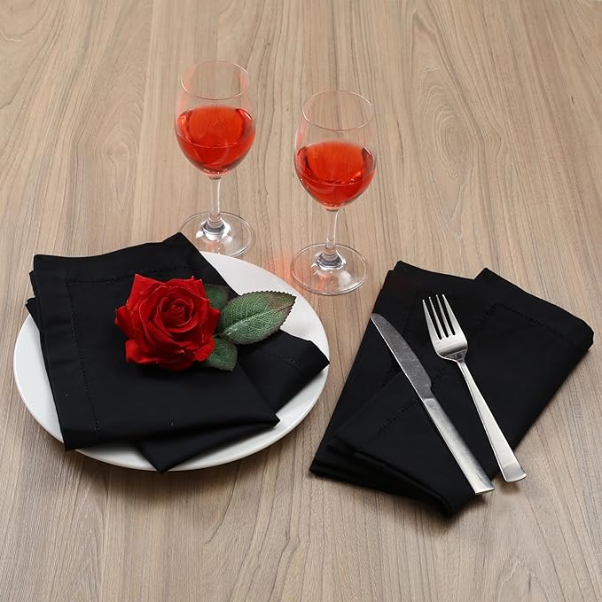 Hemstitched Cotton Napkins - Set of 12, 18x18 Inch - Black, Perfect for Christmas Dinner or Everyday Use