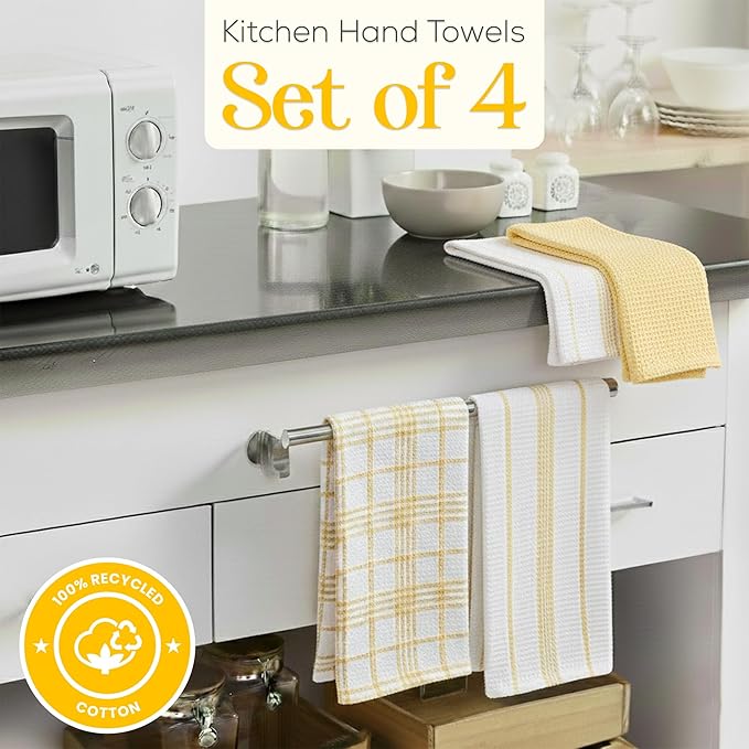 MosJos Kitchen Towels Set of 4 Dish Towels Yellow n White Waffle Weave Cotton Hand Towels, 18 x 28 Absorbent Kitchen Linens