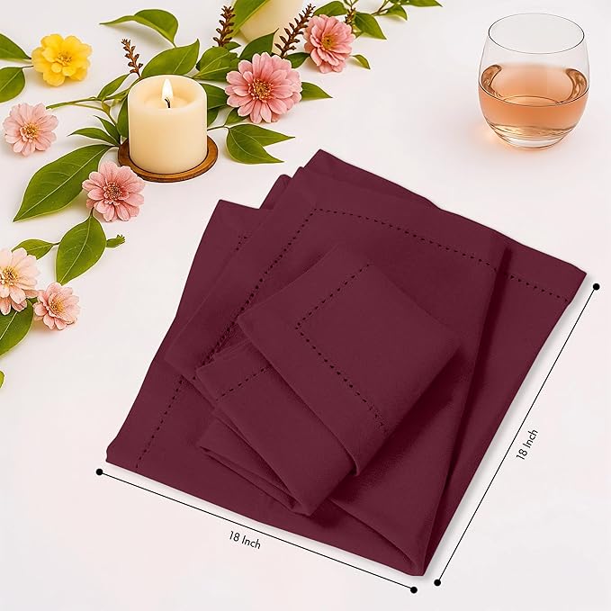 Ruvanti Cloth Napkins Set of 12, 100% Cotton High GSM 18x18 Inches, Hem Stitched Corners, Soft, Washable, Highly Durable & Absorbent, Perfect for Parties, Christmas, Thanksgiving Dinners – Burgundy
