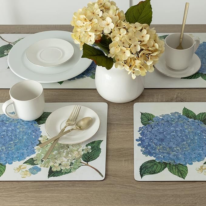 Benson Mills Cork Placemats Set of 4, Thick Cork Place Mats for Kitchen and Dining Tables, Easy Clean Table Mats (12" x 16" Rectangular Set of 4, Hydrangea Floral)