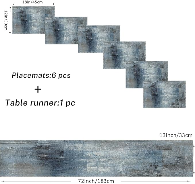 Emvency Vintage Blue Grey Table Runner and Placemats Set of 6, Modern Abstract Painting Art Dining Decor for Daily Use(1 Table Runner 72 inches Long and 6 Placemats)