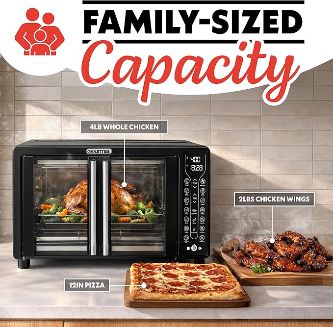 Gourmia French Door Air Fryer – 25 Qt Large Capacity Convection Oven, Fryforce 360°, Digital Display with 17 Cooking Presets, Bake, Toast, Roast, Dehydrate, Fits 12” Pizza