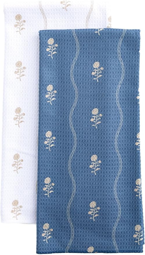 Premium Kitchen Tea Towel | Microfiber Waffle Weave | Quick Dry | Super Absorbent | Double-Sided Designer Prints | 2 Pack (Blossoms)