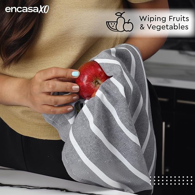 Encasa XO Cotton Kitchen Towel Set | Hand and Tea Cloth for Cleaning & Quick Drying, X-Large 28"x18" (Pack of 4) Highly Absorbent - Roma Grey Stripes