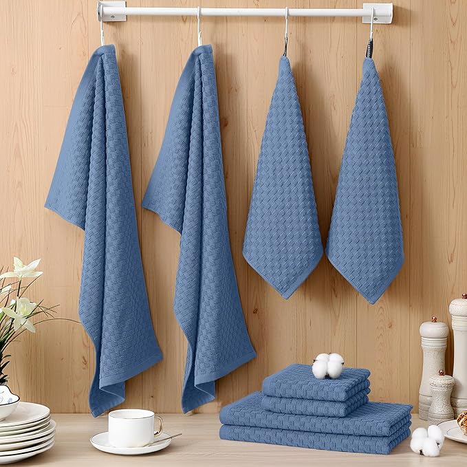 Homaxy 100% Cotton Kitchen Towels and Dishcloths Set, 12 x 12 & 15 x 25 Inches, Set of 8 Bulk Terry Cloth Dish Towels, Super Soft and Absorbent Hand Towel with Hanging Loop, Navy Blue
