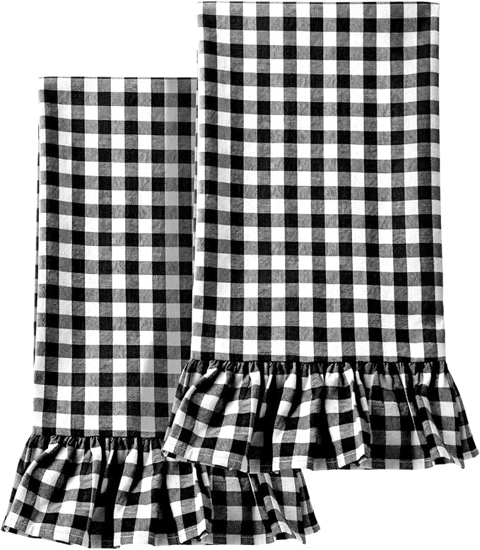 HunnmingRe Matte Black Kitchen Towels Set of 2, 100% Cotton Ruffled Gingham Dish Towels 18"x28" Absorbent Tea Cloths Classic Plaid Pattern for Farmhouse Charm, Drying Dishes, Entertaining Guests
