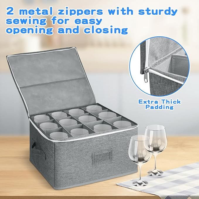 Wine Glass Storage Box for 12 Glasses - Stackable Stemware Organizer with Removable Dividers, Heavy-Duty Zippered Case & Handles | Dustproof Moving Box for Crystal, Champagne Flutes (Grey,)
