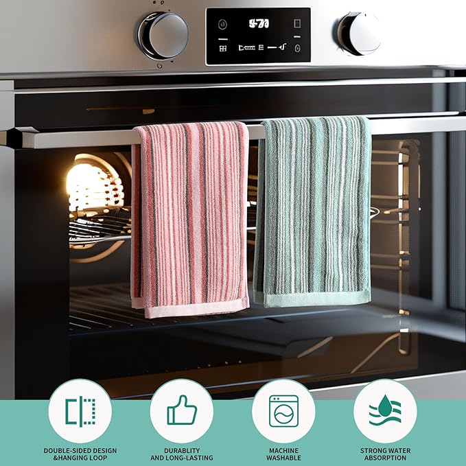 SALAS Premium Cotton Kitchen Dish Towels for Drying Dishes,Large Long Hand Towels, Thick Highly Absorbent Dish Cloth Towel Sets with Hanging Loop, 16" X 26", 6 Pcs, Pink and Green