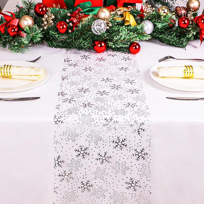 Snowkingdom Christmas Snowflake Silver Table Runner 11 Inch x 100 Feet Sparkly Silver Foil Glitter Metallic Mesh Runners Dining Table Decorations for Seasonal Winter Xmas Festival Holiday Home Party