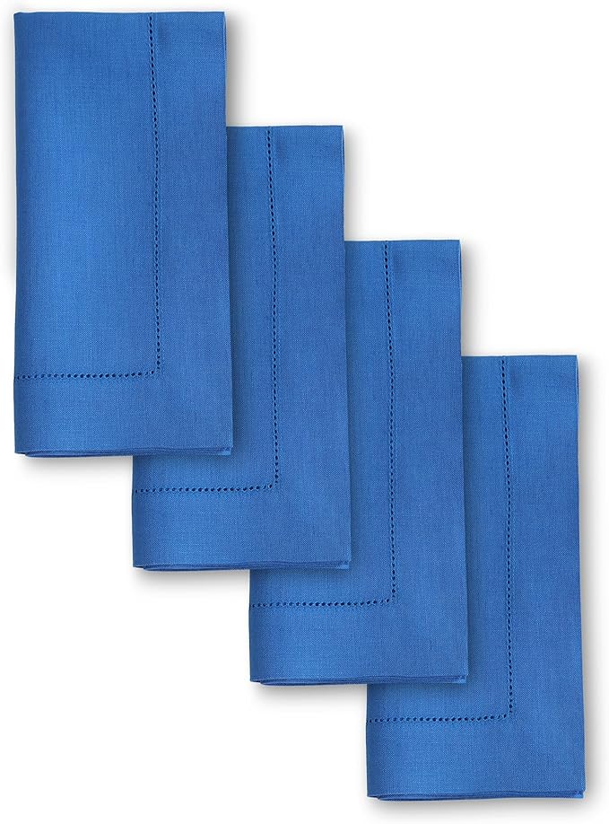 Solino Home Linen Napkins Set of 4 - Classic Hemstitch 100% Pure Linen Royal Blue Dinner Napkins Cloth 20 x 20 Inch - Handcrafted and Machine Washable - Summer, Spring