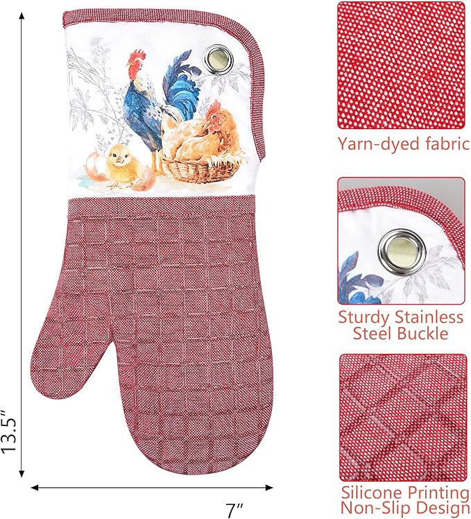 Silicone Printing Oven Mitts Heat Resistant to 500 Degree,Yarm-Dyed Oven Gloves with Animal Design Non-Slip for Kitchen Cooking Barbecue Baking and Machine Washable.(Red Oven Mitts)