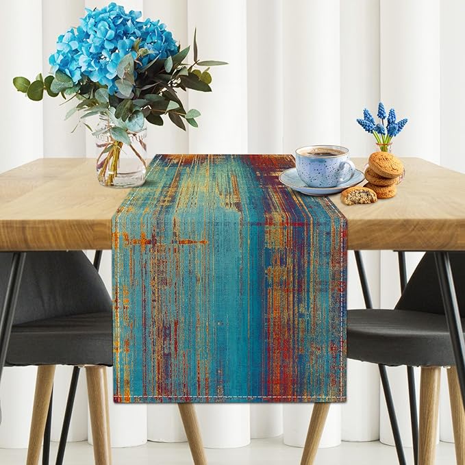 Small Table Runner Vintage Abstract Blue and Orange Table Runner Messy Rust Painting Farmhouse Coffee Table Runners for Kitchen Dining Table Home Decor 36"