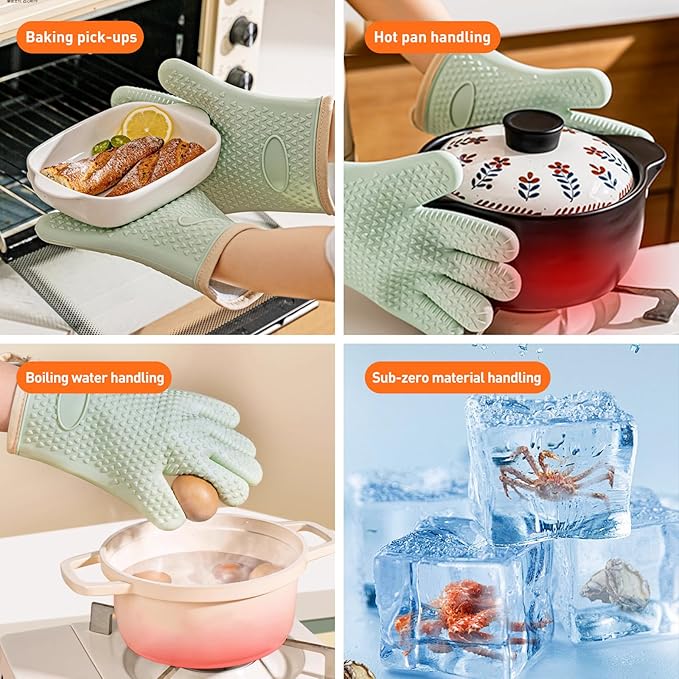 Silicone Oven Gloves with Fingers, High Temperature 450F Heat Resistant Oven Mitts Waterproof & Non-Slip Good Grip BBQ Grilling Gloves for Kitchen Cooking, Baking, Welding (Green) ﻿