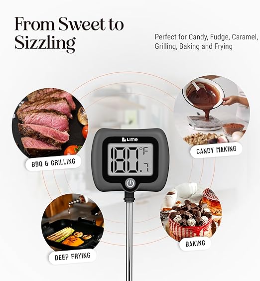 Digital Candy Thermometer with Pot Clip, 10" Long Stainless Steel Probe, Instant Read Kitchen Thermometer for Cooking, Baking, and Candy Making (Dark Gray)