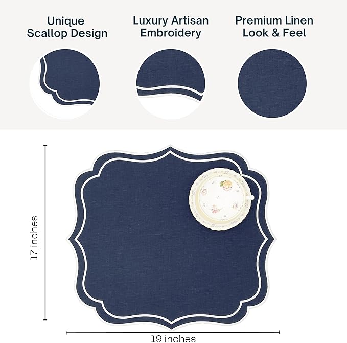 Cotton Linen Placemats Set of 4 - Double Layered, Machine Washable, Wrinkle Resistance, Scalloped & Embroidered Cloth Table Mats - Wedding, Indoor Mat, Giftable, 19 x 17 inch, Navy
