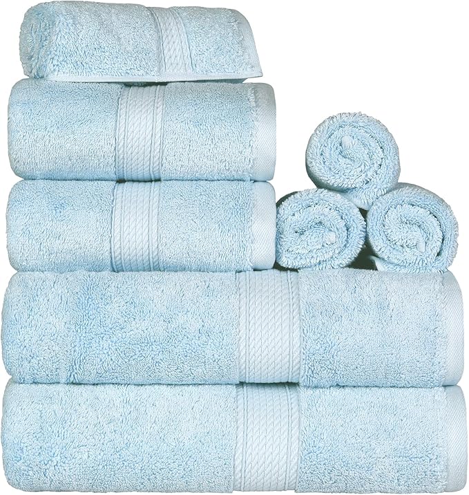 SUPERIOR Egyptian Cotton Pile 8 Piece Towel Set, Includes 2 Bath, 2 Hand, 4 Face Towels/Washcloths, Ultra Soft Luxury Towels, Thick Plush Essentials, Guest Bath, Spa, Hotel Bathroom, Light Blue