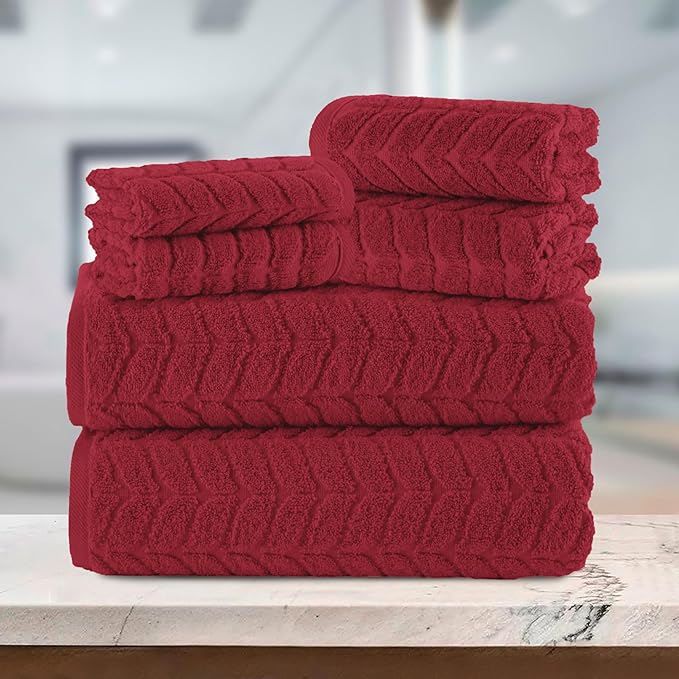 Elegant Comfort Luxury 6-Piece 100% Turkish Cotton Jacquard Braided Textured Premium Hotel Quality Towel Set– Soft and Absorbent, Includes 2 Bath Towels, 2 Hand Towels and 2 Washcloths, Burgundy