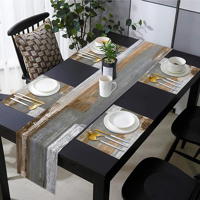 Emvency Brown Abstract Painting Black Grey Table Runner and Placemats Set of 6,White Black Grey Modern Art Dining Decor for Daily Use(1 Table Runner 72 inches Long and 6 Placemats)