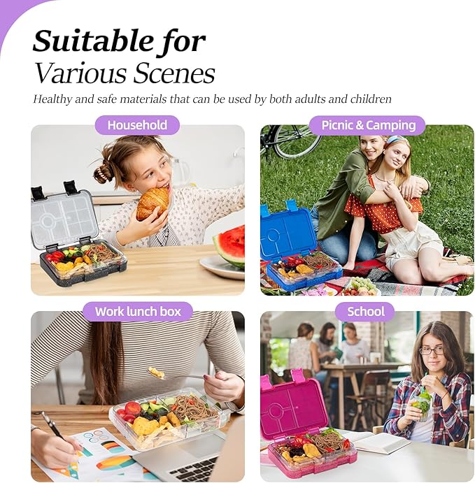 Bento Lunch Box for Kids, Plastic Lunch Box Case, 5/6 Tritan Compartments, BPA free, Ideal Portion Sizes for On-the-Go Meal, Shiny Purple and Clear