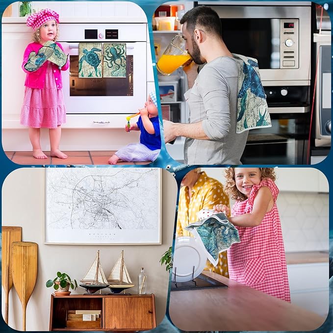 6 Pcs Sea Ocean Beach Kitchen Towels Pot Holders and Oven Mitts Set Coastal Dish Towel Ocean Animal Oven Gloves Heat Resistant Potholders for Kitchen Summer Cooking Gift