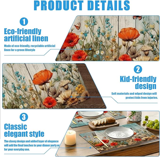Poppy Butterfly Wood Grain Placemats Set of 6, Vintage Flower Washable Linen Place Mat Heat Resistant Non Slip Kitchen Dining Table Mats 12x18 Inch