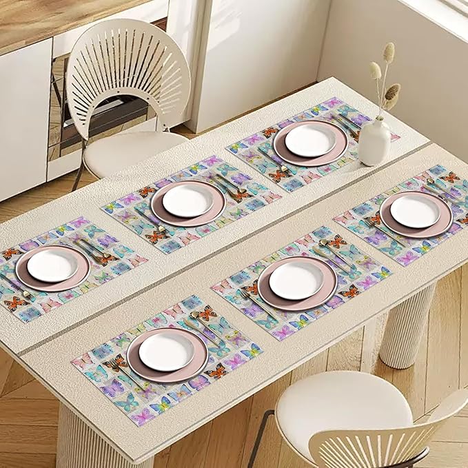 Watercolor Butterfly Placemats Set of 6, Washable Heat Resistant Table Mat Linen Place Mats for Party Kitchen Dining Home Decor 12x18 Inch