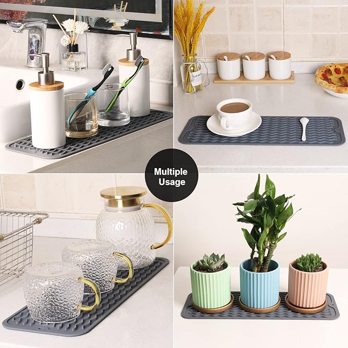 ZLR 2 Pcs Silicone Sponge Holder & Sink Caddy Tray (6" x 17") - Narrow Dish Drying Mat for Kitchen Counter - Waterproof Soap Dispenser Organizer, Non-Slip Bathroom Vanity Tray (Dark Gray)