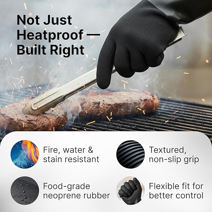 BBQ Gloves - Waterproof and Extreme Heat Resistant up to 932°F - Food-Grade Neoprene Rubber Mitts for Cooking, Grill, Grilling, Oven, Baking, Fire Pit - Non-Slip Grip, Cotton Lining and 14” Sleeve