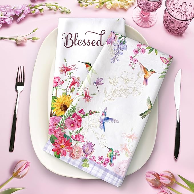 Spring Summer Bird Floral Tea Towels, Cotton Kitchen Towel 18.9 × 27.5 inch, Quick Drying Dish Cloth for Party Anniversary Holiday Decoration, Housewarming Gifts for Mom
