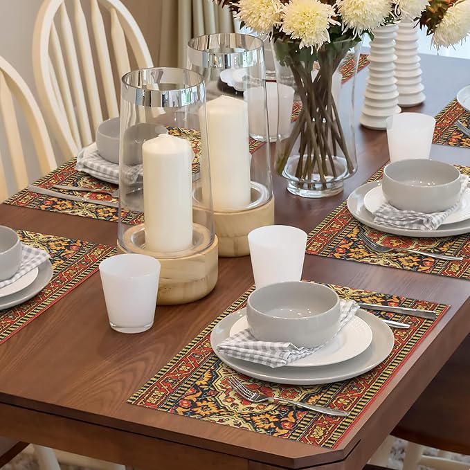 comfoyar Boho Vintage Red Placemats Set of 4, 12x18Inch Non-Slip Linen Bohemia Flower Place Mats, Washable Absorbent Rustic Country Style Table Mats for Framhouse Kitchen Dining Party Table Decoration