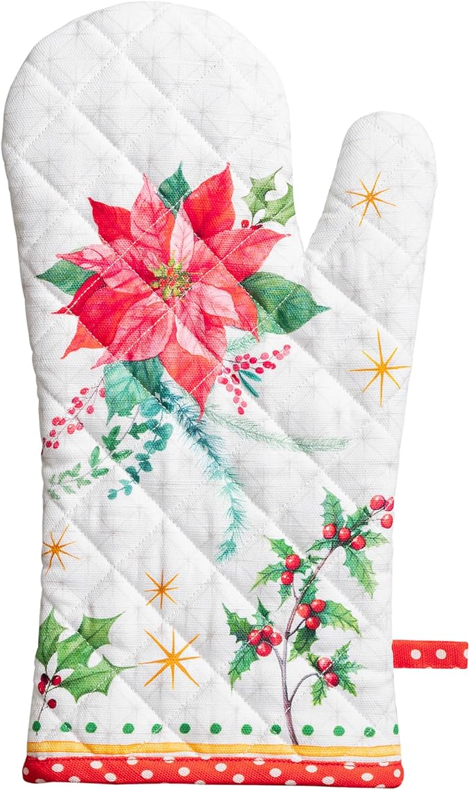 Maison d' Hermine Oven Gloves 100% Cotton Oven Mitt 7" x 13" with Loop Heat Resistant Cooking Gloves for Thanksgiving Christmas Decorations Baking Handling Hot Pans (Pack of 1, Poinsettia Christmas)