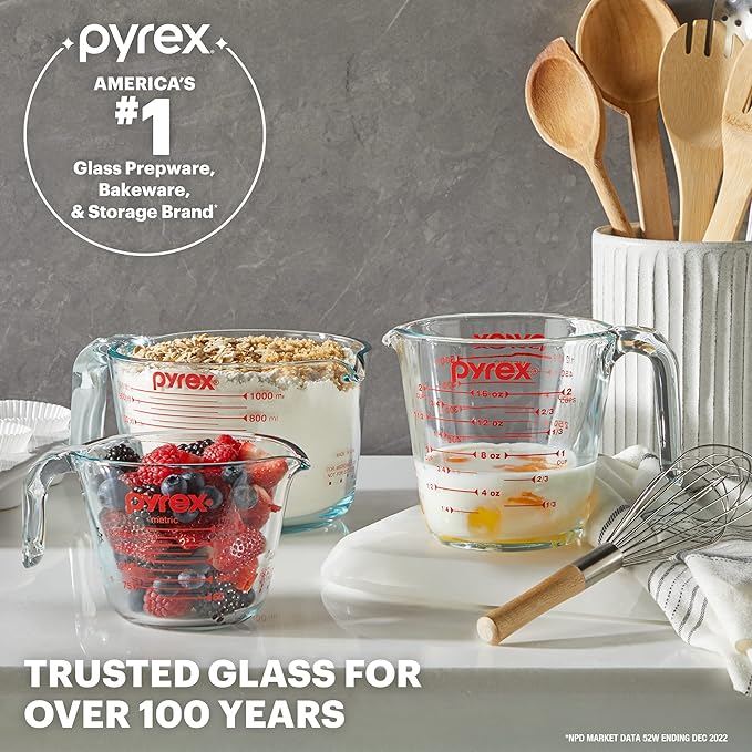 Pyrex 4-Cup Glass Measuring Cup For Baking and Cooking, Dishwasher, Freezer, Microwave, and Preheated Oven Safe, Essential Kitchen Tools (Pack of 2)