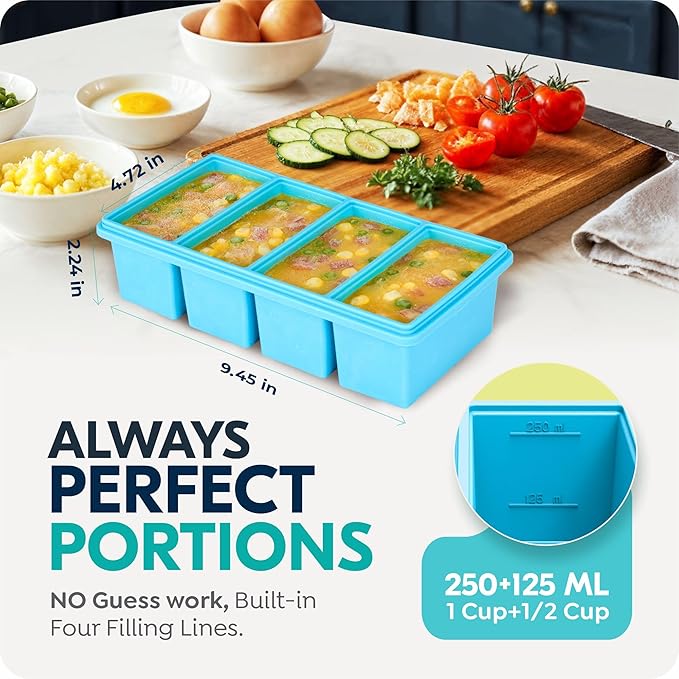1 cup Silicone Freezer Trays with Lids, Soup Freezer Container molds, Easily prepare portioned meals, Great for storing soups, leftovers, sauces and other dishes, Oven & Dishwasher -Safe – 2 Pack