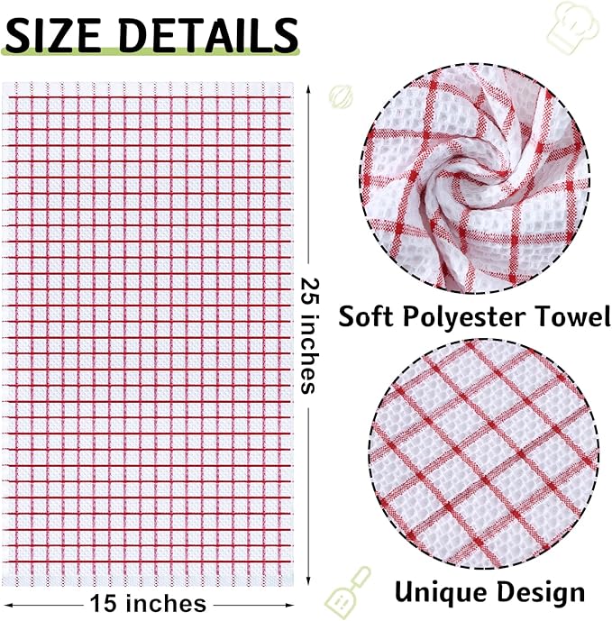Homaxy 100% Cotton Kitchen Towels 4 Pack-15 X 25 Inches, Check Design Waffle Weave Hand Tea Towels, Super Soft and Absorbent Dish Towel for Drying Dishes, Red