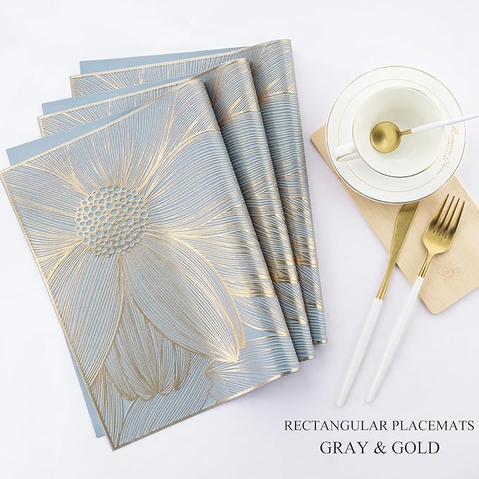 Gold Placemats Set of 6 Rectangle Pressed Vinyl Table Mats Heat Resistant Non-Slip Washable Wipeable Place Mats for Dining Table Indoor Outdoor Flower Dinner Placemats