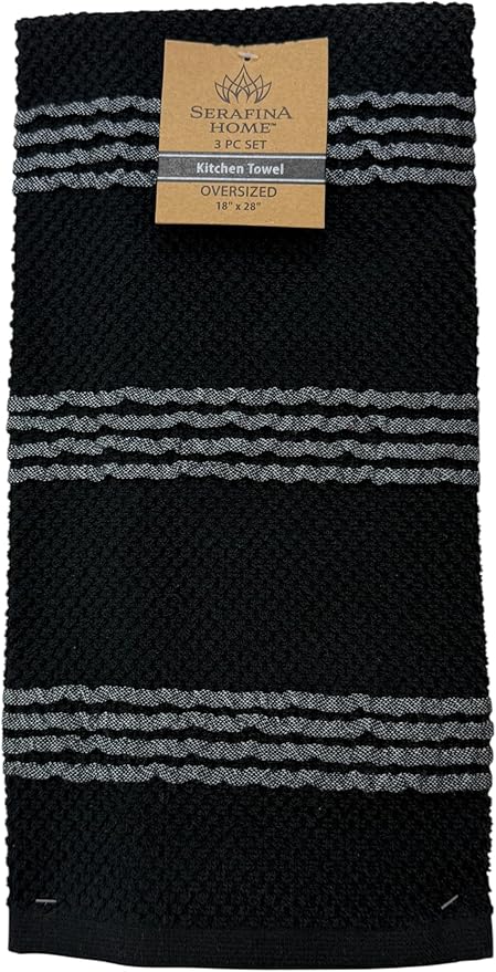 Serafina Home Black Kitchen Hand Dish Towels: Oversized 18" x 28",100% Cotton Soft Absorbent Dish Cloths for Cleaning Drying, Set of 3 Multipurpose for Everyday Use