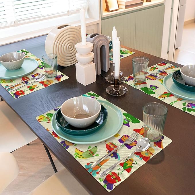Vibrant Superhero Vegetable Linen Placemats Set of 4, Heat Resistant Non Slip Cute Place Mats for Dining Table, Kitchen, Kids’ Party, Family Gathering, Whimsical Home Decor, Gift for Children Parents