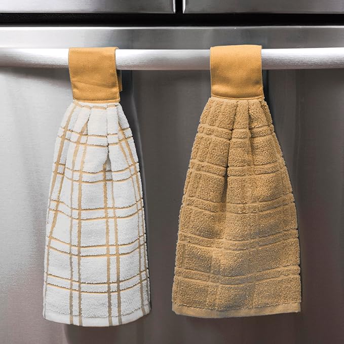 Ritz Premium 100% Cotton Solid and Multi Check Kitchen Tie Towel Absorbent, Super Soft, and Fast Drying Hang Towel, Set of Three, Straw