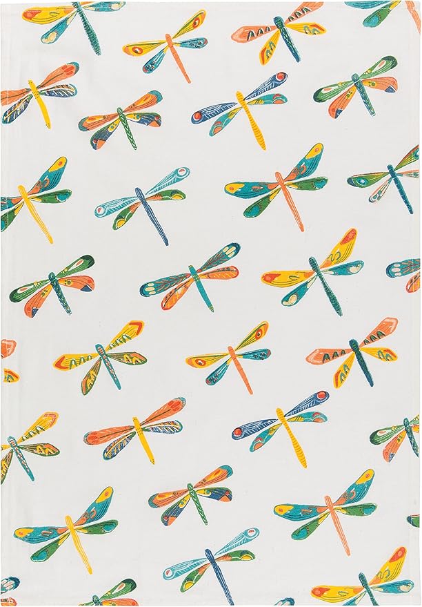 Now Designs Floursack Kitchen Towels Quick Dry Cotton Hand Towel Set, 3 Count, Dragonfly, 20 x 30 in