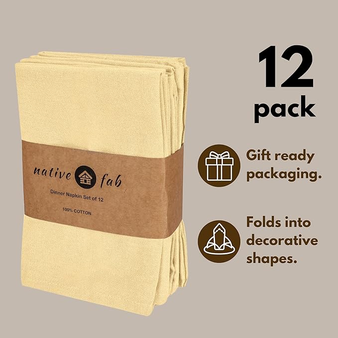 Native Fab Pale Yellow Easter Cloth Napkins Set of 12 Bulk - 100% Cotton Spring Dinner Napkin 17 x 17 - Soft, Absorbent, Washable Fabric Cloth for Garden Brunch, Tea Parties, Baby Showers, Weddings