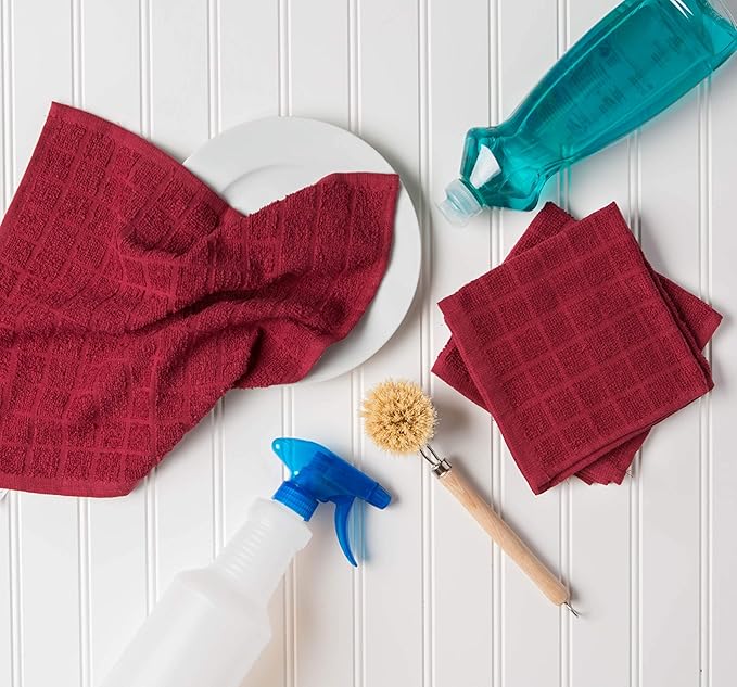 DII Basic Terry Collection Solid Windowpane Dishcloth Set, 12x12, Wine, 6 Piece